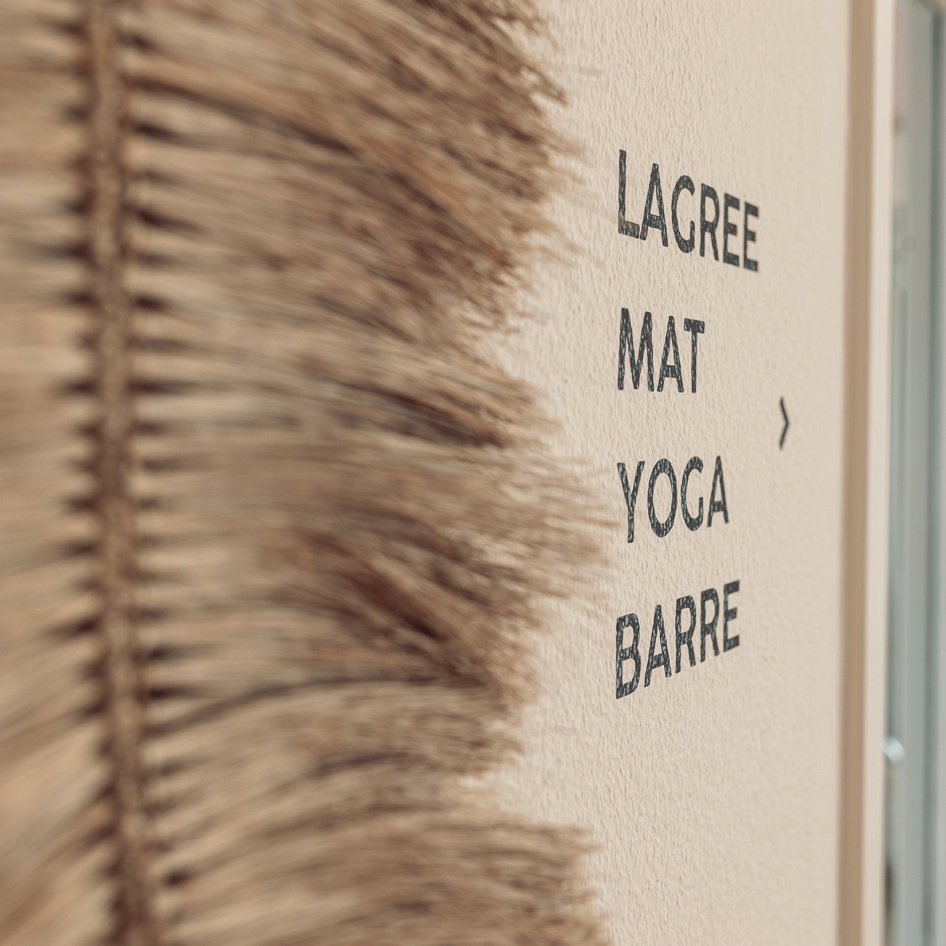 Wall signage reading Lagree, Mat, Yoga, Barre beside a woven wall hanging